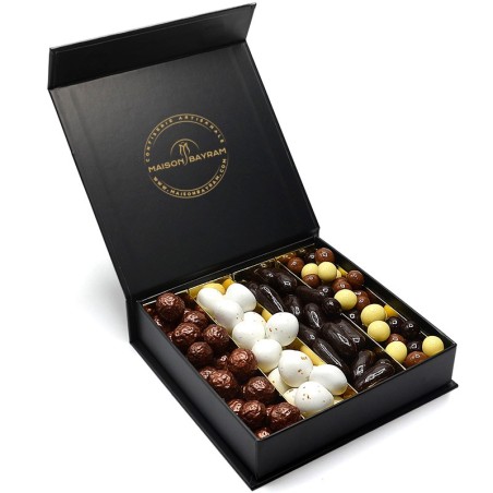 Coffret luxe assortiment de dragées café, noix de coco, orangettes et café trois chocolats - 300g