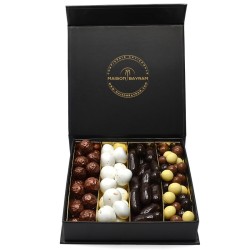 Coffret luxe assortiment de dragées café, noix de coco, orangettes et café trois chocolats - 300g